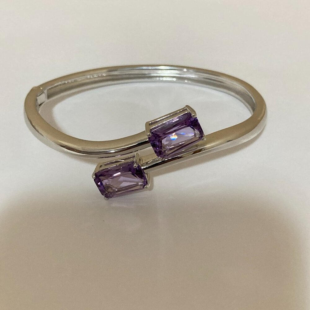 Sterling Silver Amethyst Semi Wrap Bangle Bracelet - Picture 2 of 9